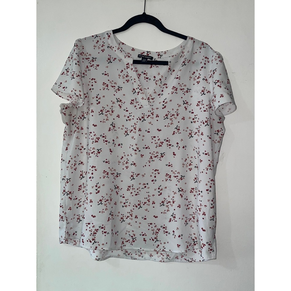 Hilary Radley Women White Burgundy Floral Split V-Neck Flutter Sleeve Blouse‎ L